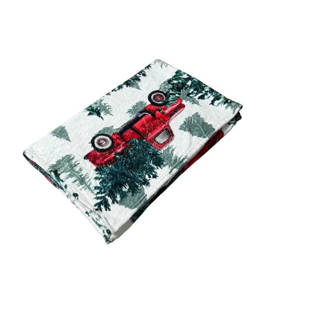 Winter Theme Red Truck Fleece Blanket Accent Throw Quilt Cover Bedding Christmas